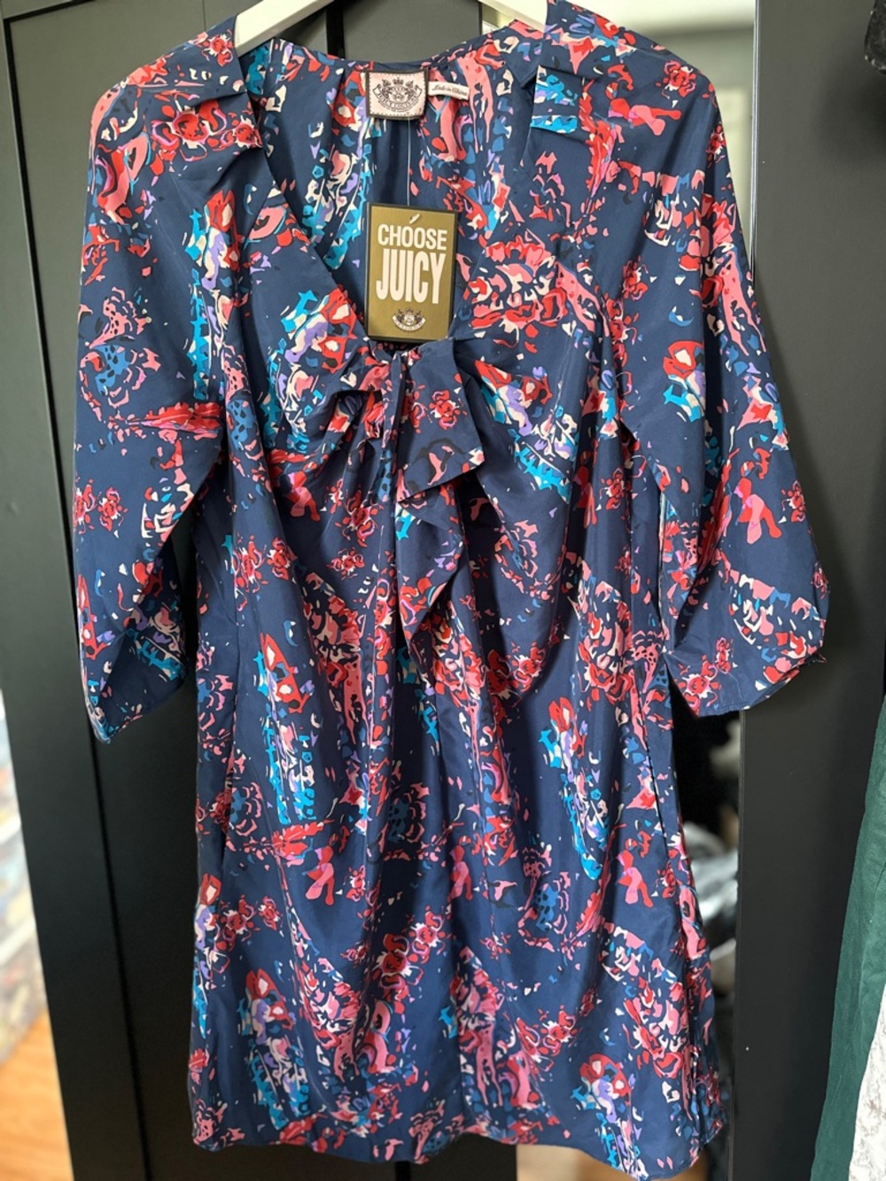 Juicy Couture Silk Floral Ruffle Front Dress with Pink Accents S